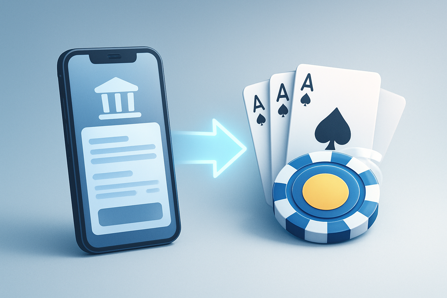 Illustration of a smooth bank transfer from a mobile banking app to casino chips and cards, representing instant casino deposits